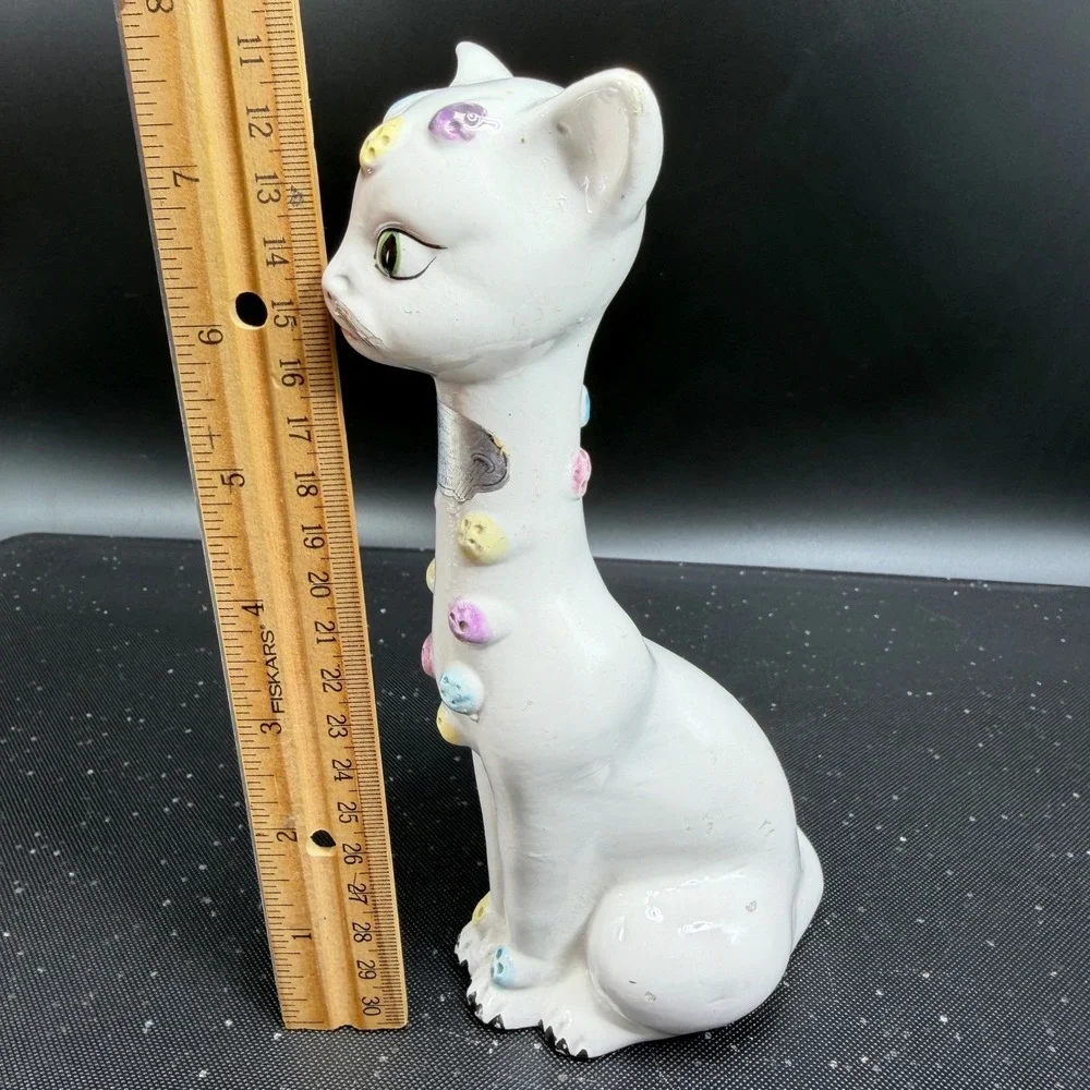 Vintage Tosca Italy Ceramic Cat Figurine MCM Hand Painted White Pastel Buttons‎